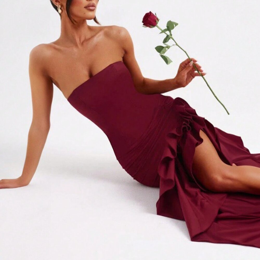 Burgundy Party Women's Sexy Strapless Asymmetrical Hem Fitted maXI Dress - Picture 8 of 9